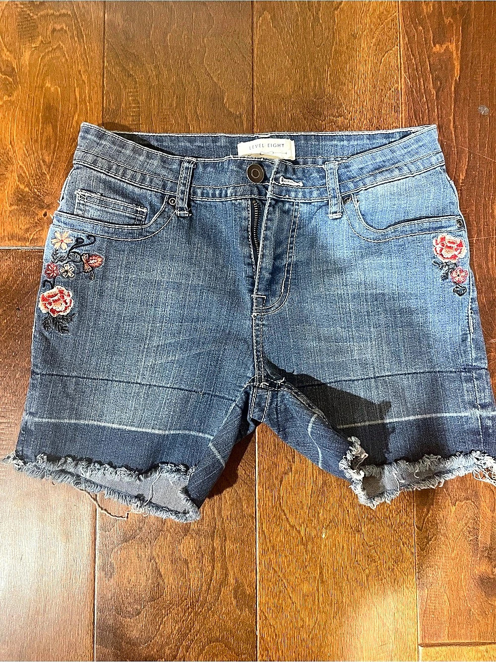 Level Eight Embroidered Denim Jean Shorts in Blue